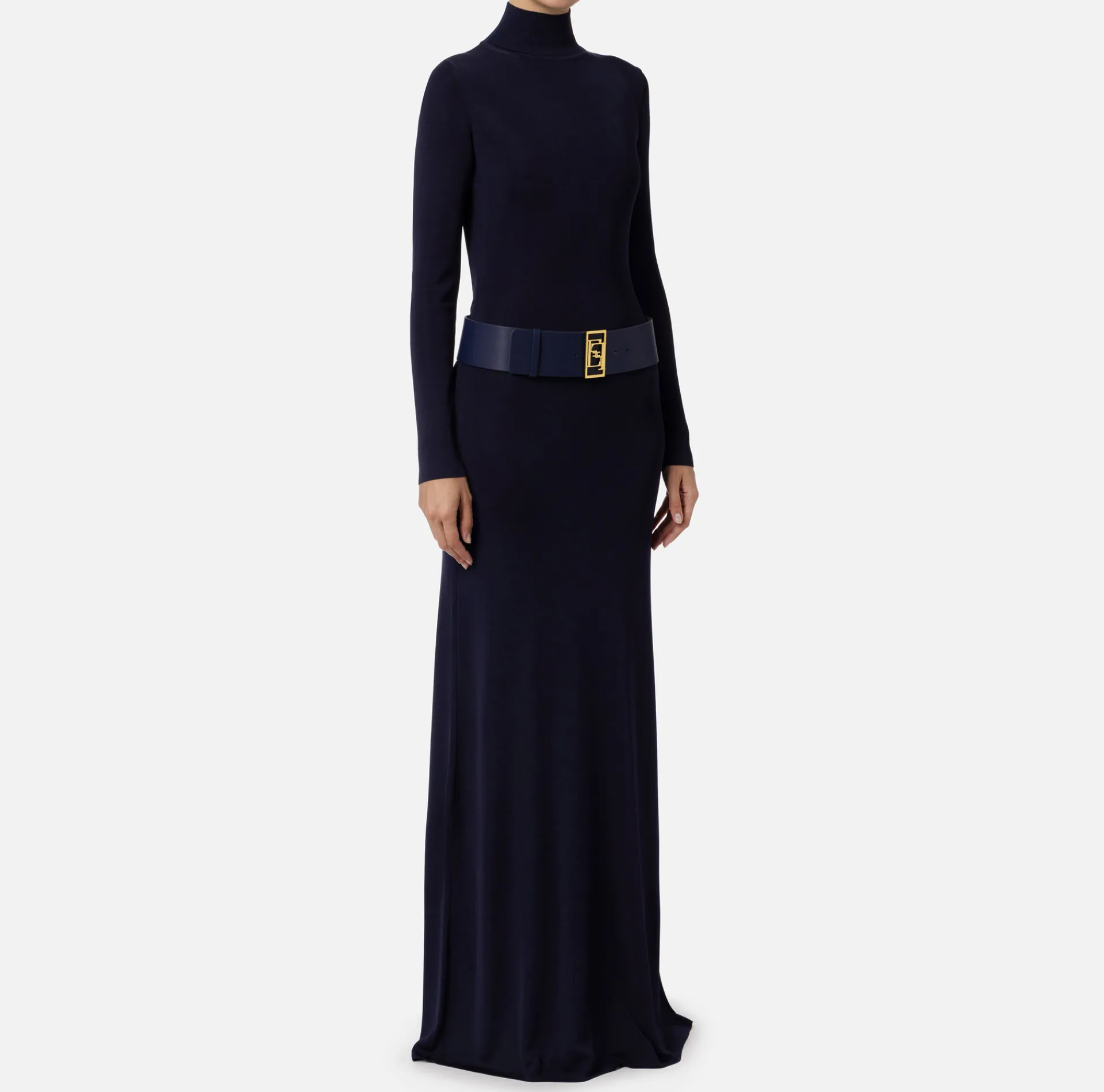 Elisabetta Franchi Red Carpet Dresses|Knitted Dresses|Red carpet dress in shiny viscose fabric with belt Navy