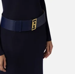 Elisabetta Franchi Red Carpet Dresses|Knitted Dresses|Red carpet dress in shiny viscose fabric with belt Navy
