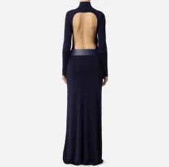 Elisabetta Franchi Red Carpet Dresses|Knitted Dresses|Red carpet dress in shiny viscose fabric with belt Navy