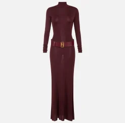 Elisabetta Franchi Red Carpet Dresses|Knitted Dresses|Red carpet dress in shiny viscose fabric with belt RougeNoir