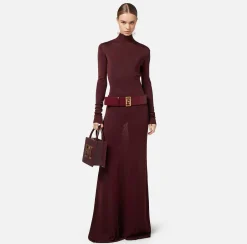 Elisabetta Franchi Red Carpet Dresses|Knitted Dresses|Red carpet dress in shiny viscose fabric with belt RougeNoir