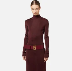 Elisabetta Franchi Red Carpet Dresses|Knitted Dresses|Red carpet dress in shiny viscose fabric with belt RougeNoir