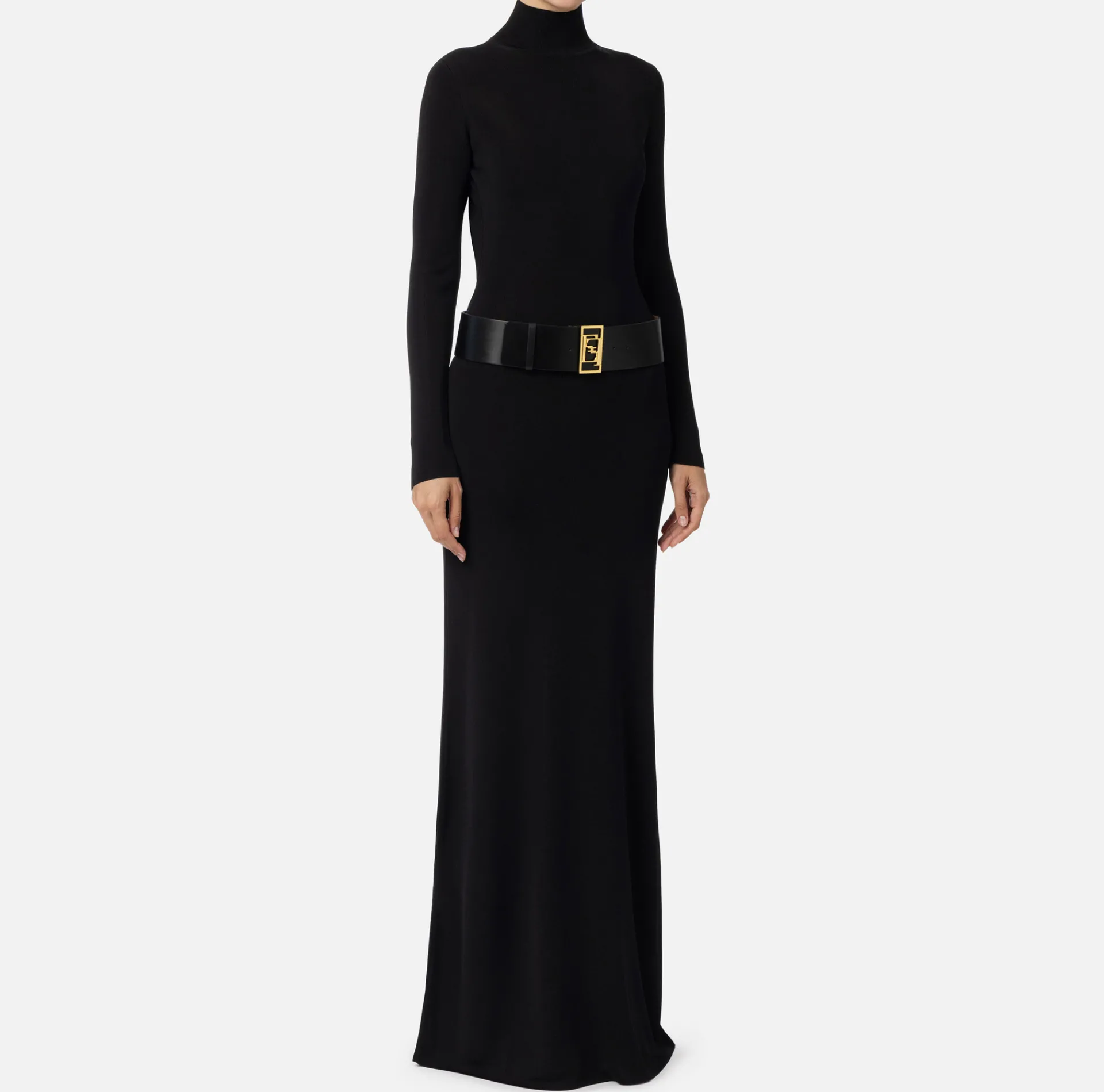 Elisabetta Franchi Red Carpet Dresses|Knitted Dresses|Red carpet dress in shiny viscose fabric with belt Black