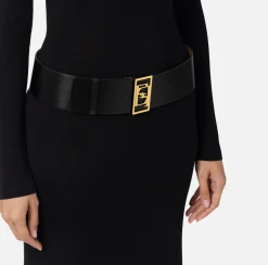 Elisabetta Franchi Red Carpet Dresses|Knitted Dresses|Red carpet dress in shiny viscose fabric with belt Black