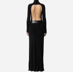 Elisabetta Franchi Red Carpet Dresses|Knitted Dresses|Red carpet dress in shiny viscose fabric with belt Black