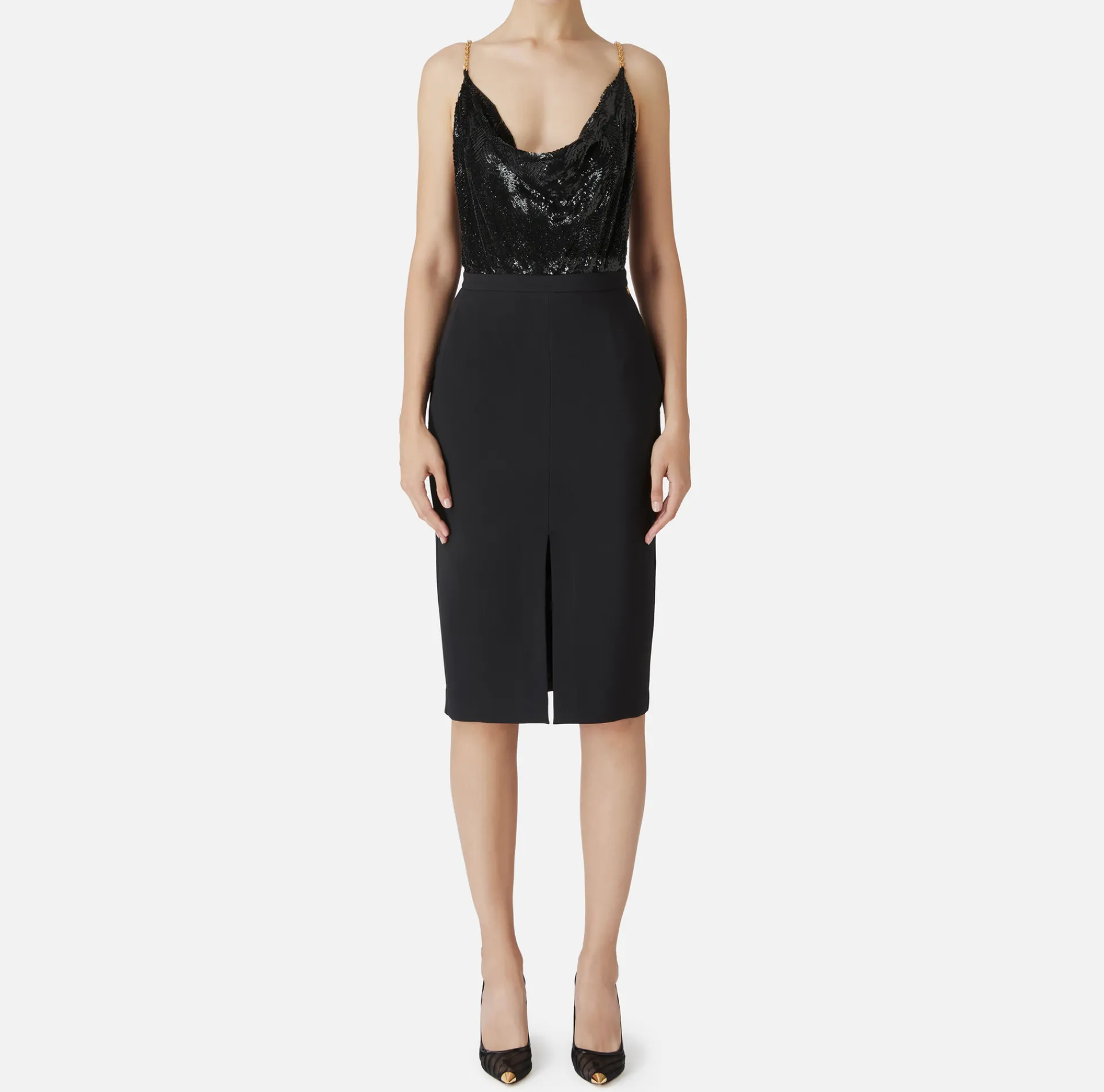 Elisabetta Franchi Red Carpet|Red Carpet Dresses|Red Carpet dress with embroidered top and skirt in lurex jersey Black