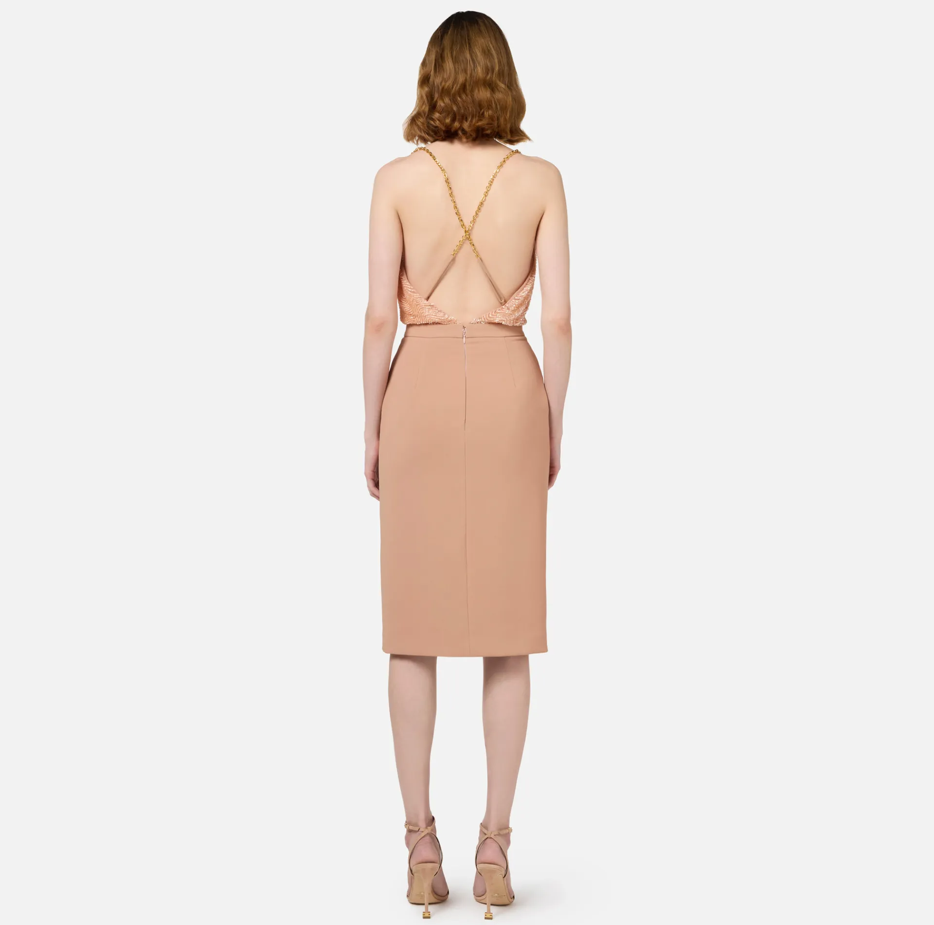 Elisabetta Franchi Red Carpet|Red Carpet Dresses|Red Carpet dress with embroidered top and skirt in lurex jersey Nude