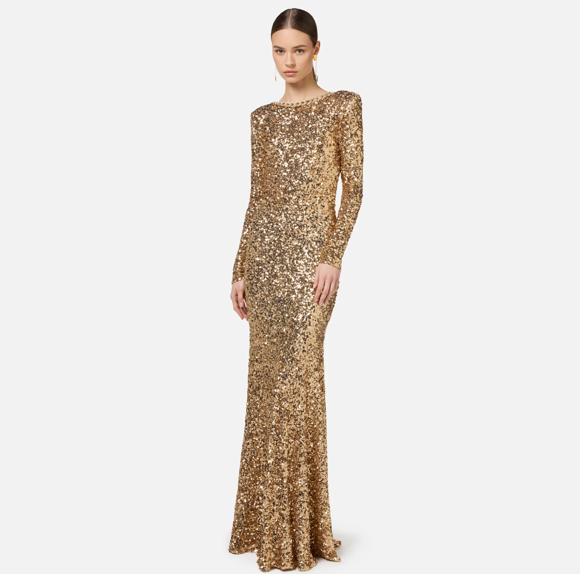 Elisabetta Franchi Red Carpet Dresses|Red Carpet|Red carpet sequin dress with chain and rhinestones Gold
