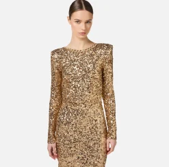 Elisabetta Franchi Red Carpet Dresses|Red Carpet|Red carpet sequin dress with chain and rhinestones Gold
