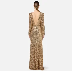 Elisabetta Franchi Red Carpet Dresses|Red Carpet|Red carpet sequin dress with chain and rhinestones Gold