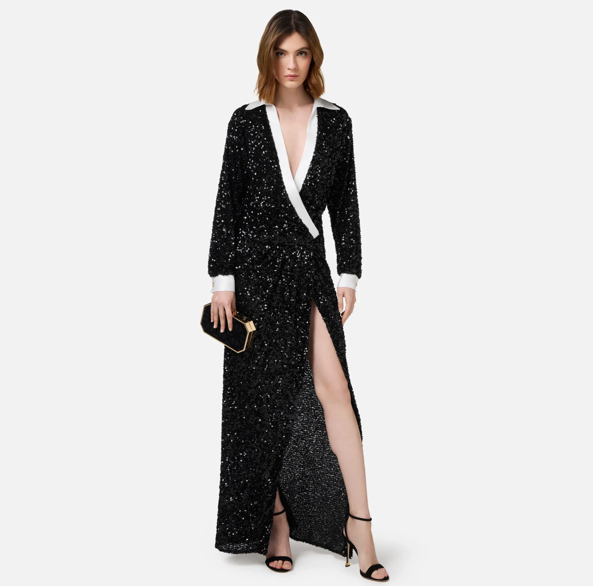 Elisabetta Franchi Red Carpet|Red Carpet Dresses|Red carpet sequin dress with satin inserts Black/Ivory