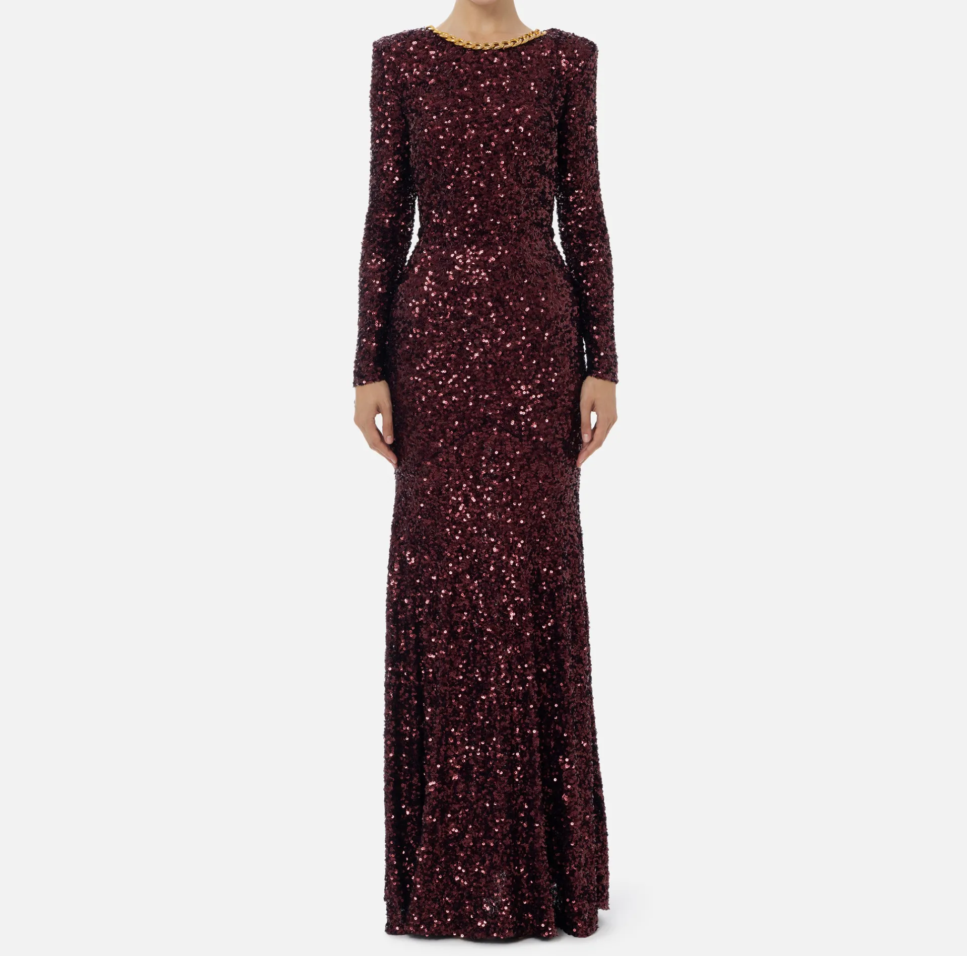 Elisabetta Franchi Red Carpet Dresses|Red Carpet|Red carpet sequin dress with chain and rhinestones RougeNoir