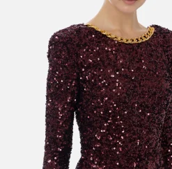 Elisabetta Franchi Red Carpet Dresses|Red Carpet|Red carpet sequin dress with chain and rhinestones RougeNoir