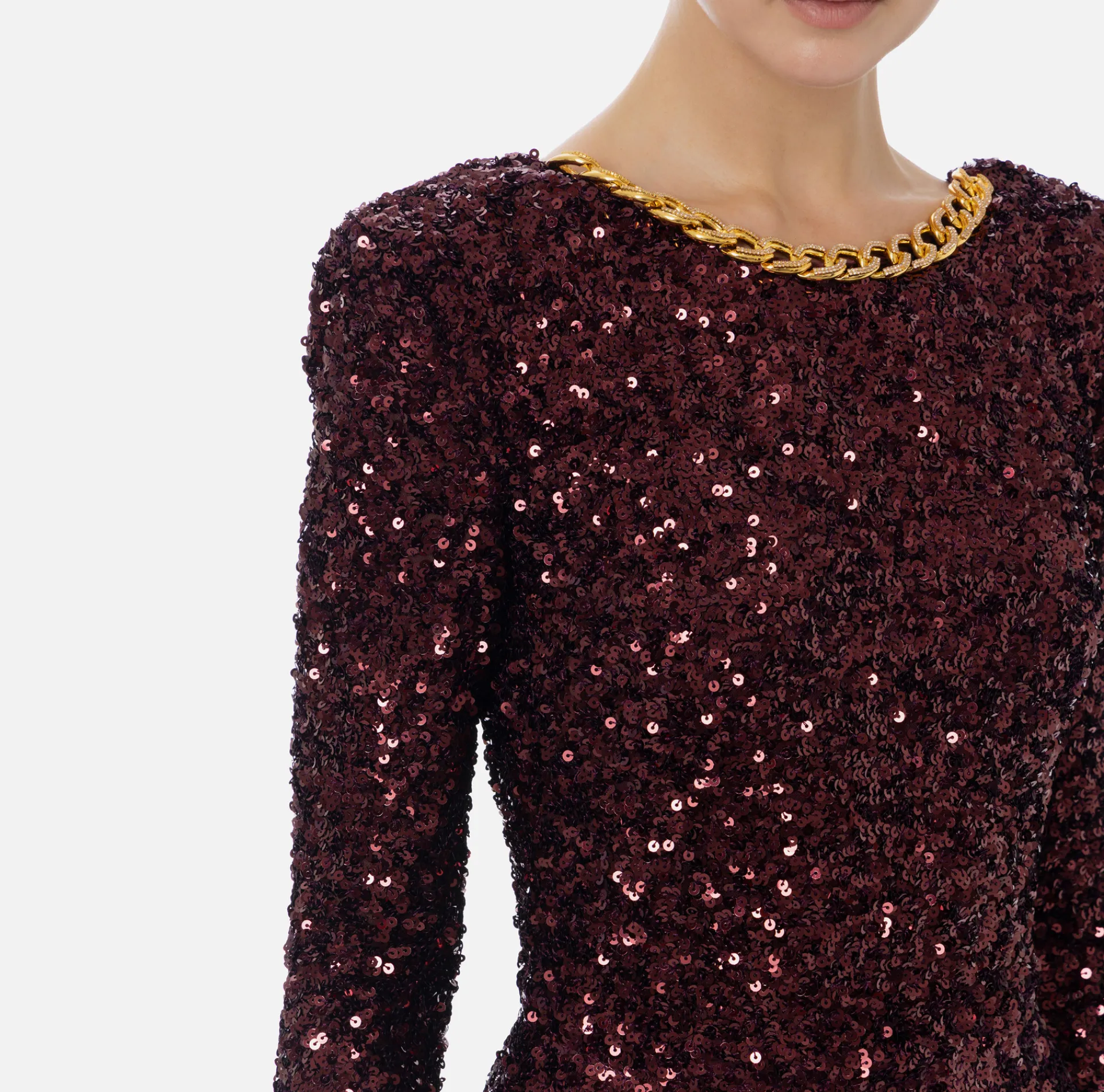 Elisabetta Franchi Red Carpet Dresses|Red Carpet|Red carpet sequin dress with chain and rhinestones RougeNoir