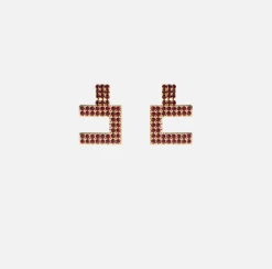 Elisabetta Franchi Jewelry|Rhinestone earrings with logo YellowGold/RougeNoir