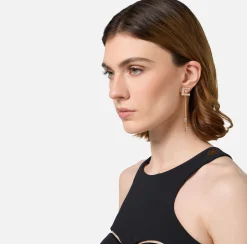 Elisabetta Franchi Jewelry|Rhinestone logo earrings with pendants YellowGold