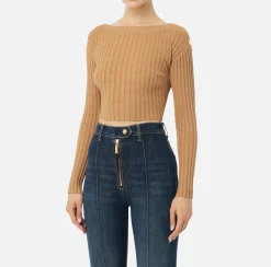 Elisabetta Franchi Knitwear And Sweatshirts|Ribbed viscose cropped top with button placket Camel