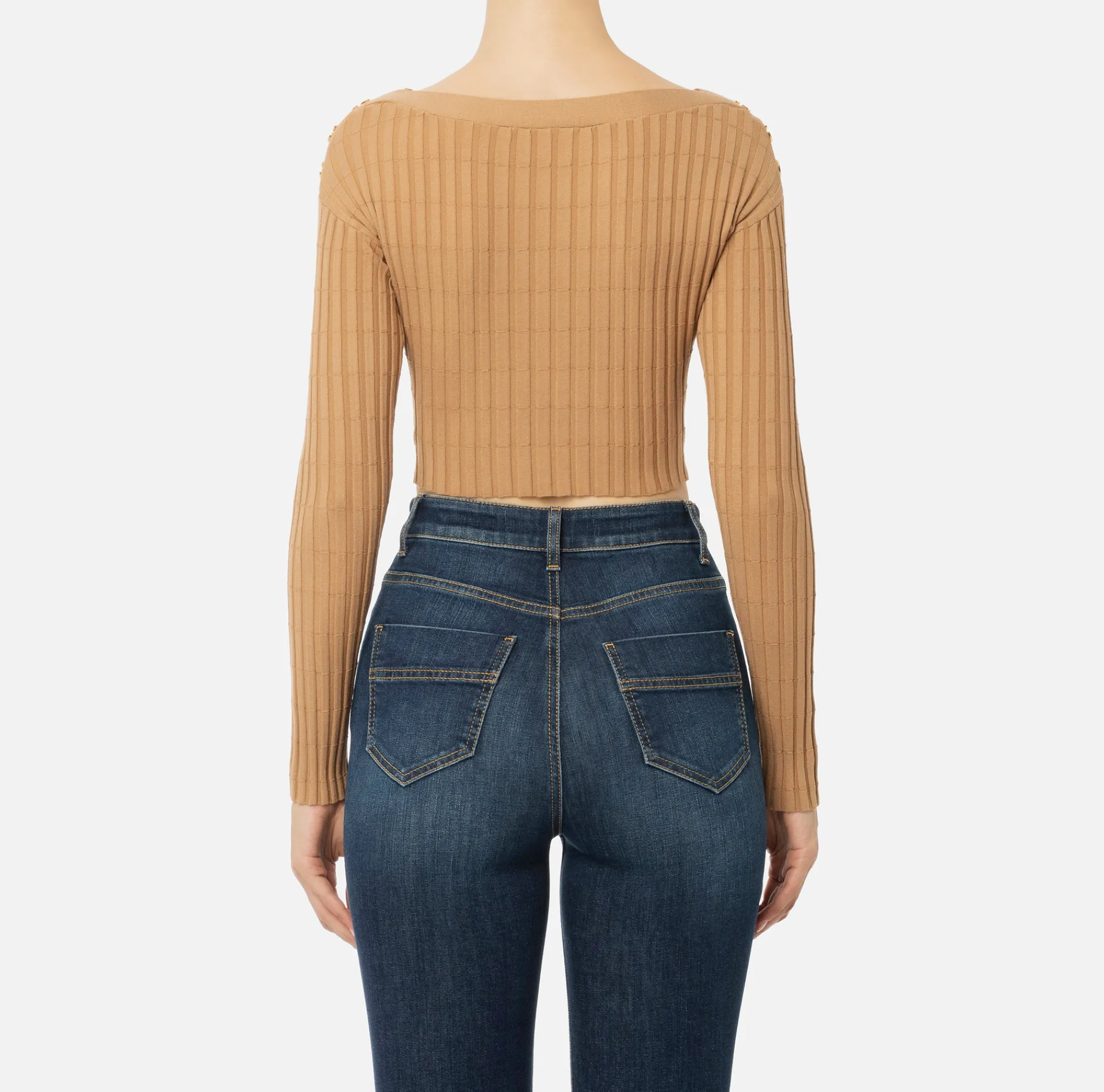 Elisabetta Franchi Knitwear And Sweatshirts|Ribbed viscose cropped top with button placket Camel