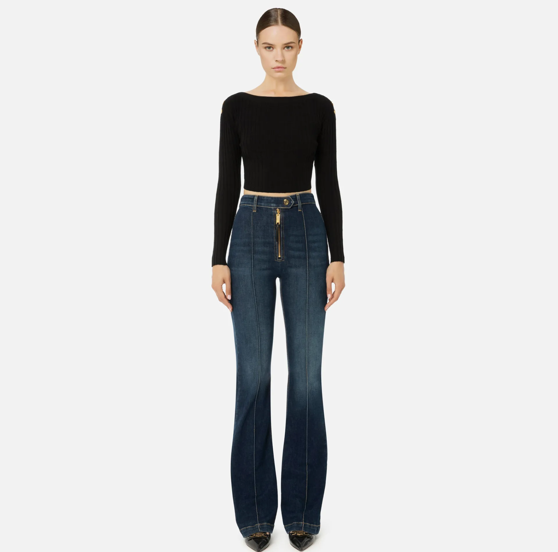 Elisabetta Franchi Knitwear And Sweatshirts|Ribbed viscose cropped top with button placket Black