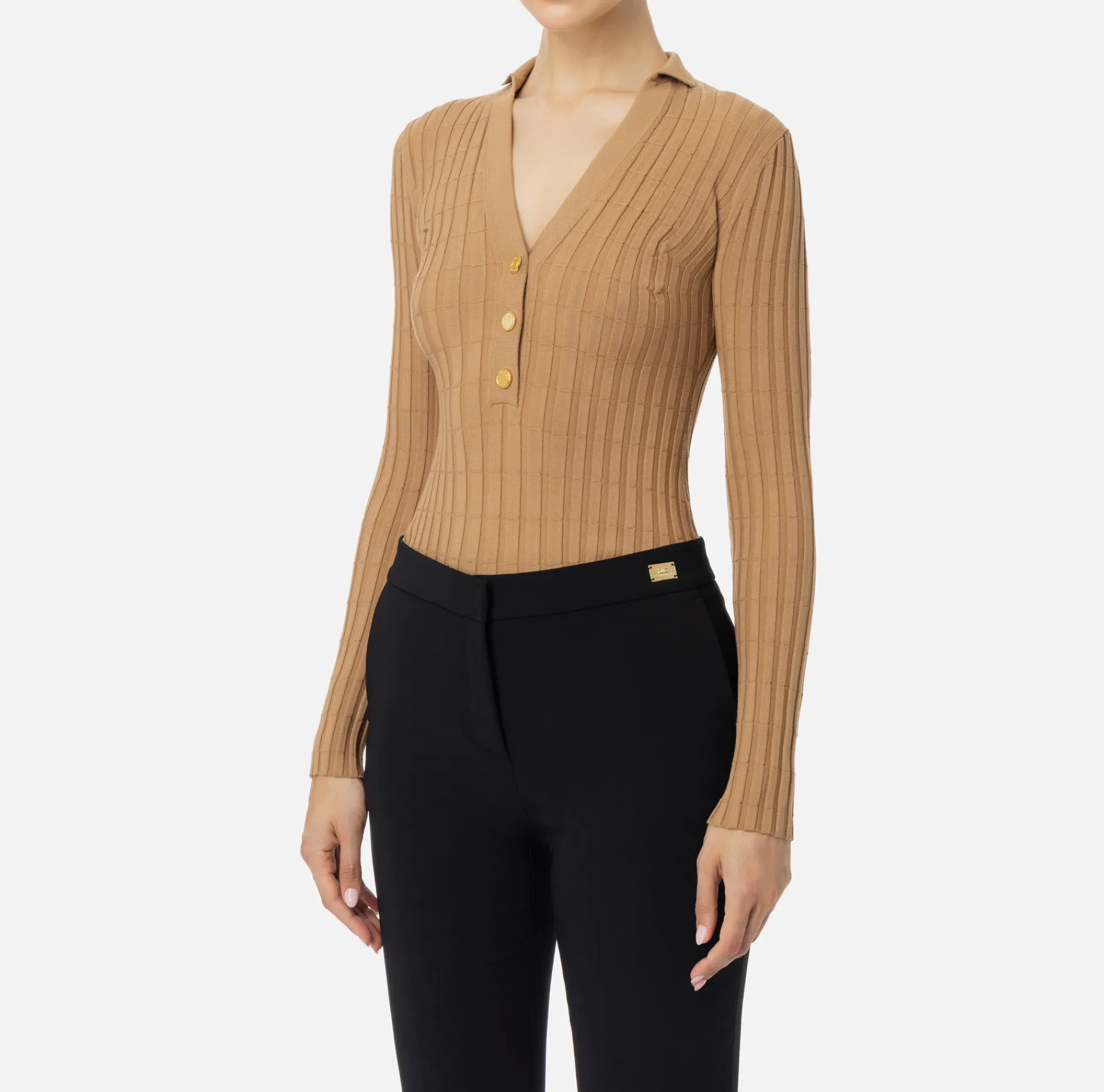 Elisabetta Franchi Knitwear And Sweatshirts|Ribbed viscose top with button placket Camel