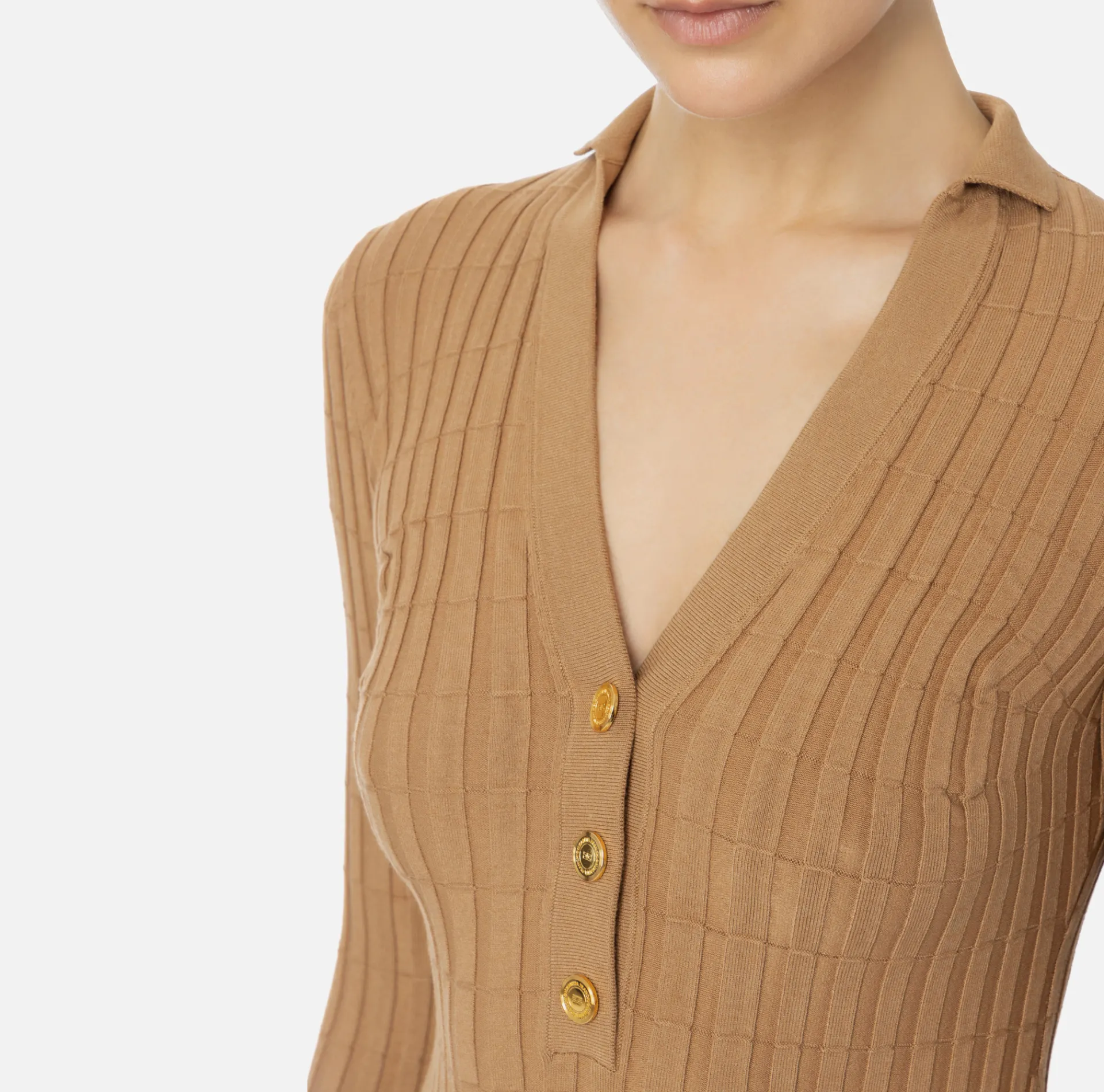 Elisabetta Franchi Knitwear And Sweatshirts|Ribbed viscose top with button placket Camel