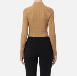 Elisabetta Franchi Knitwear And Sweatshirts|Ribbed viscose top with button placket Camel