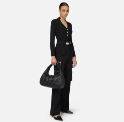 Elisabetta Franchi Knitwear And Sweatshirts|Ribbed viscose top with button placket Black