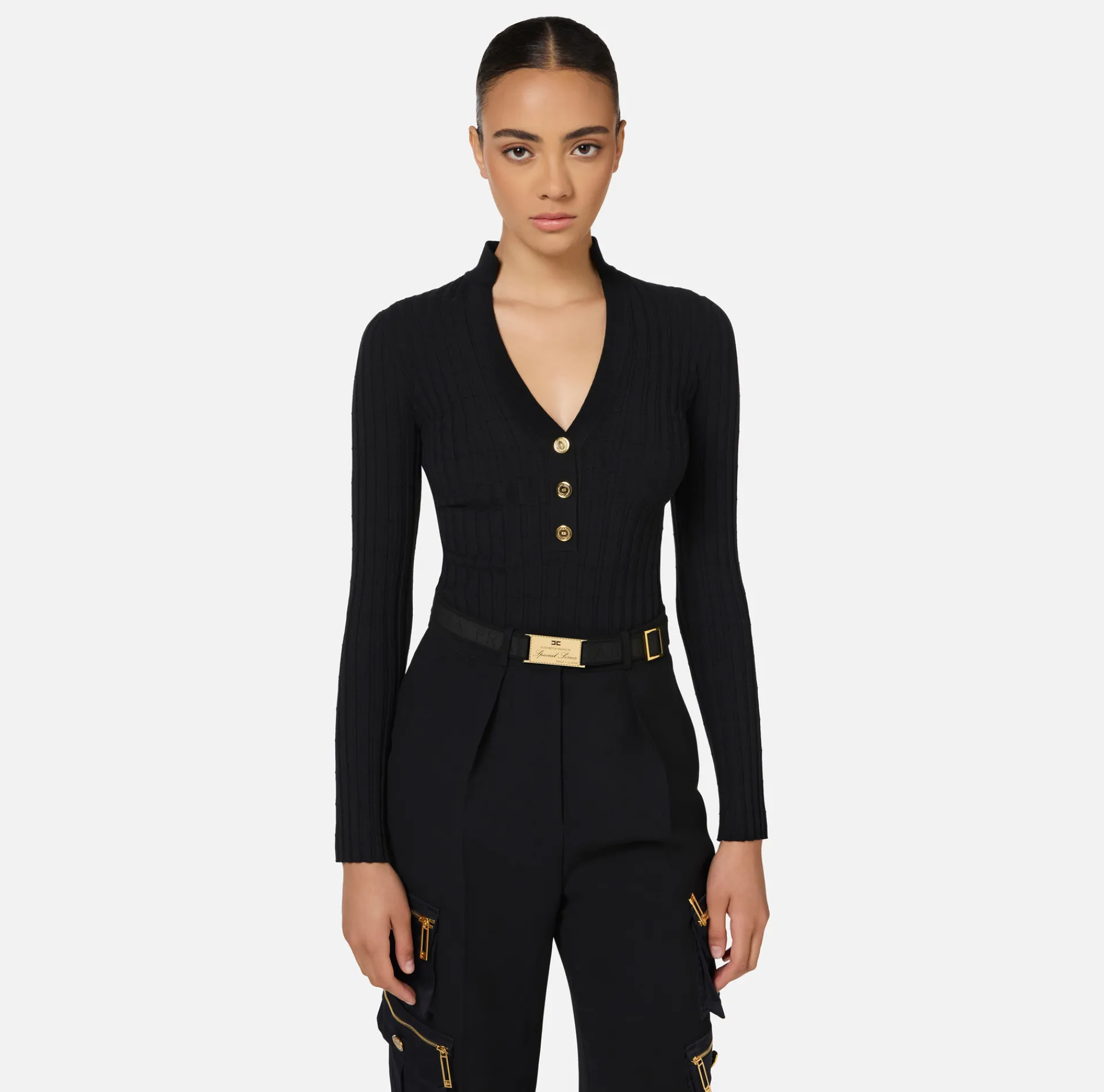 Elisabetta Franchi Knitwear And Sweatshirts|Ribbed viscose top with button placket Black