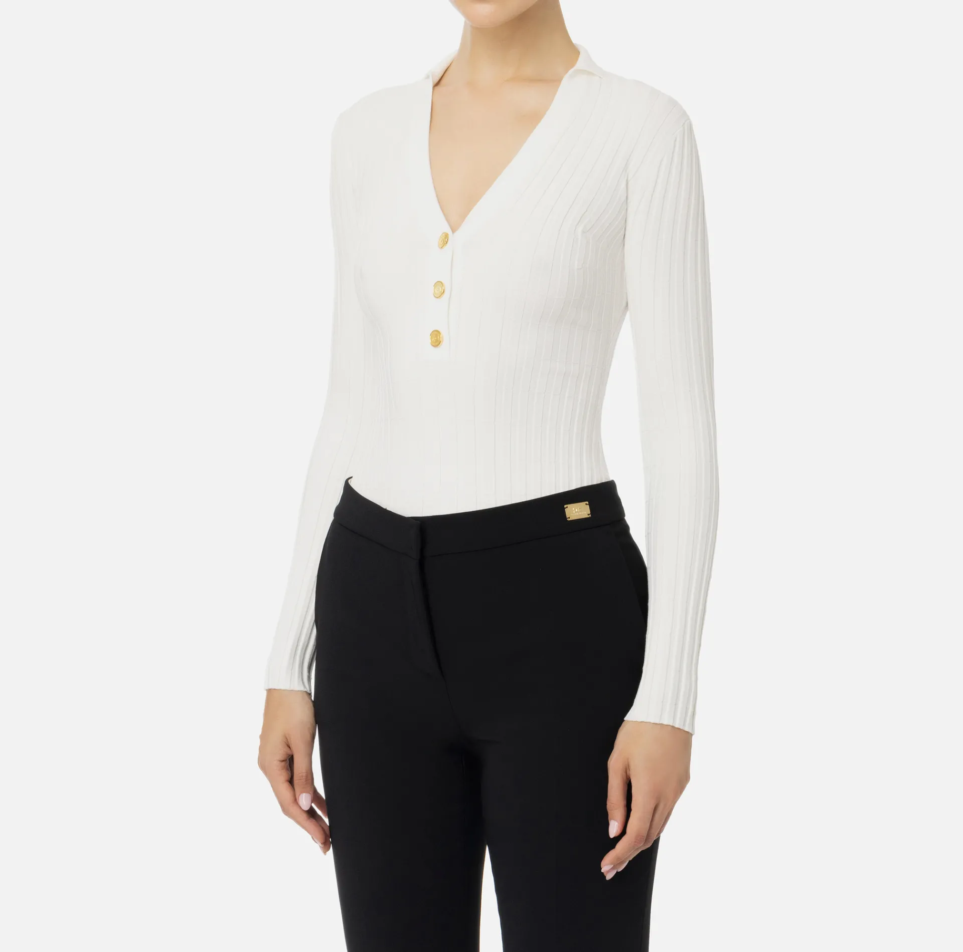 Elisabetta Franchi Knitwear And Sweatshirts|Ribbed viscose top with button placket Ivory