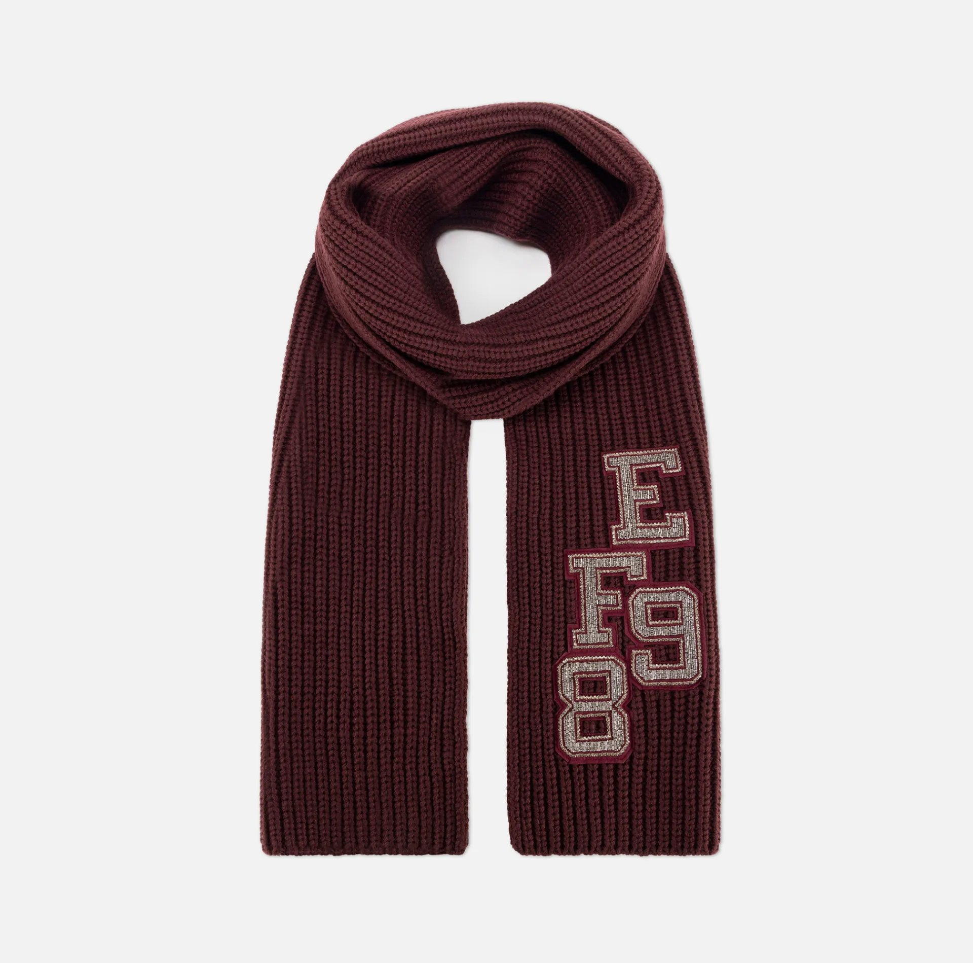 Elisabetta Franchi Scarves|Ribbed wool scarf with college-style patch RougeNoir