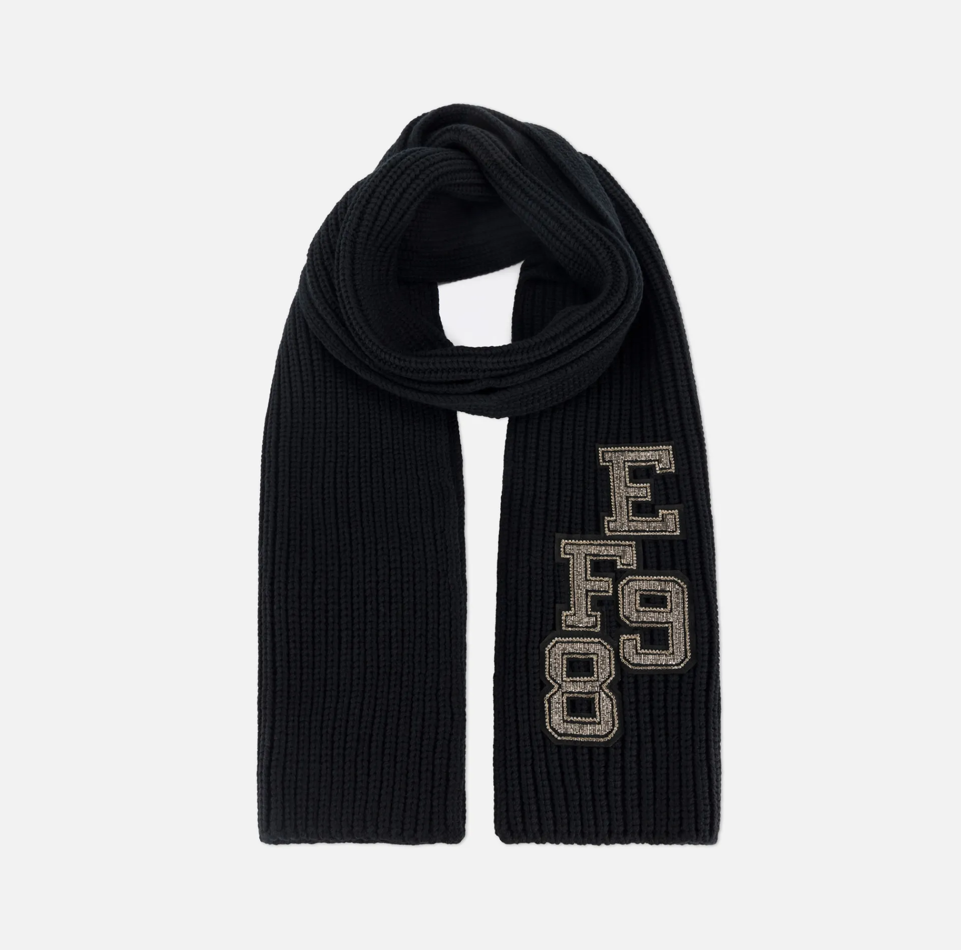 Elisabetta Franchi Scarves|Ribbed wool scarf with college-style patch Black