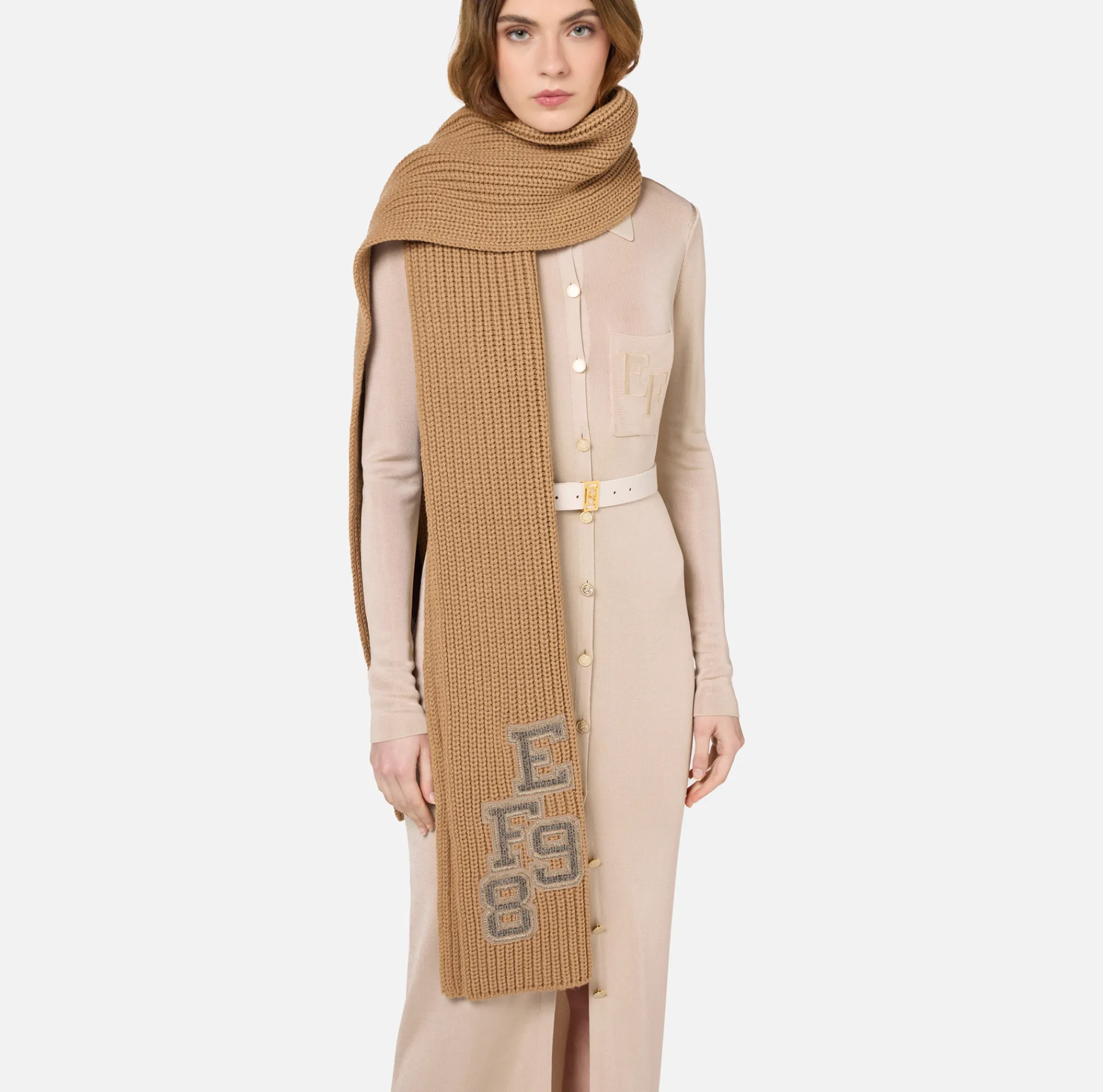 Elisabetta Franchi Scarves|Ribbed wool scarf with college-style patch Camel
