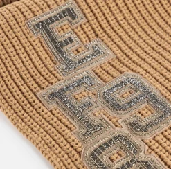 Elisabetta Franchi Scarves|Ribbed wool scarf with college-style patch Camel