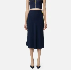Elisabetta Franchi Skirts|Satin crêpe midi skirt with bands Navy/Mimosa/Butter