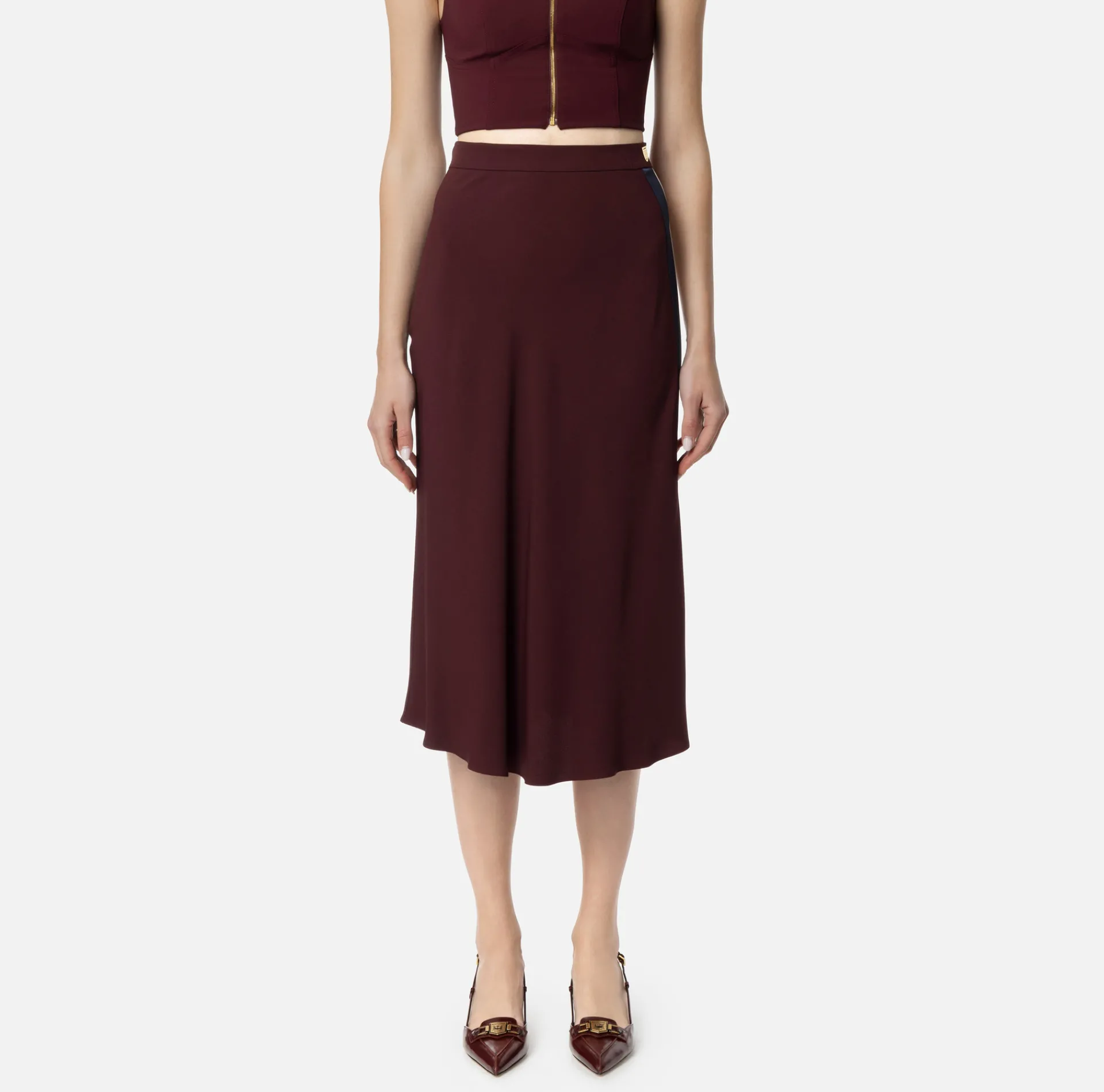 Elisabetta Franchi Skirts|Satin crêpe midi skirt with bands Rougenoir/Navy/Butter