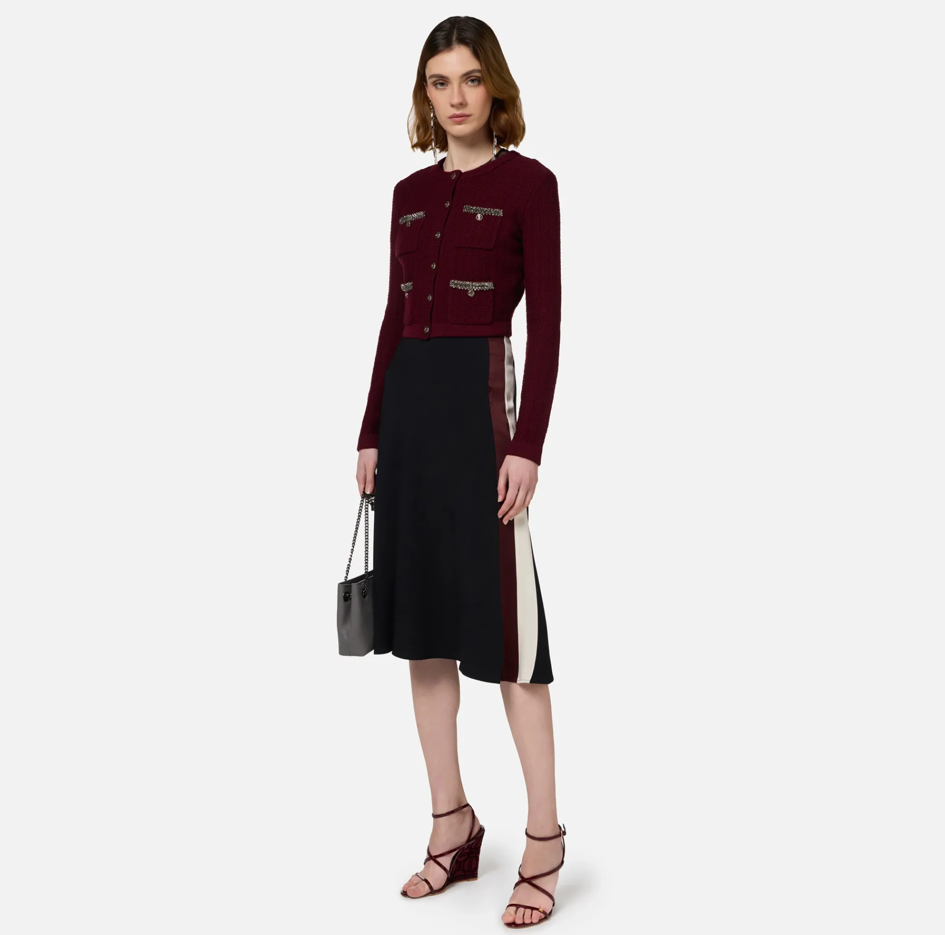 Elisabetta Franchi Skirts|Satin crêpe midi skirt with bands Black/RougeNoir/Butter