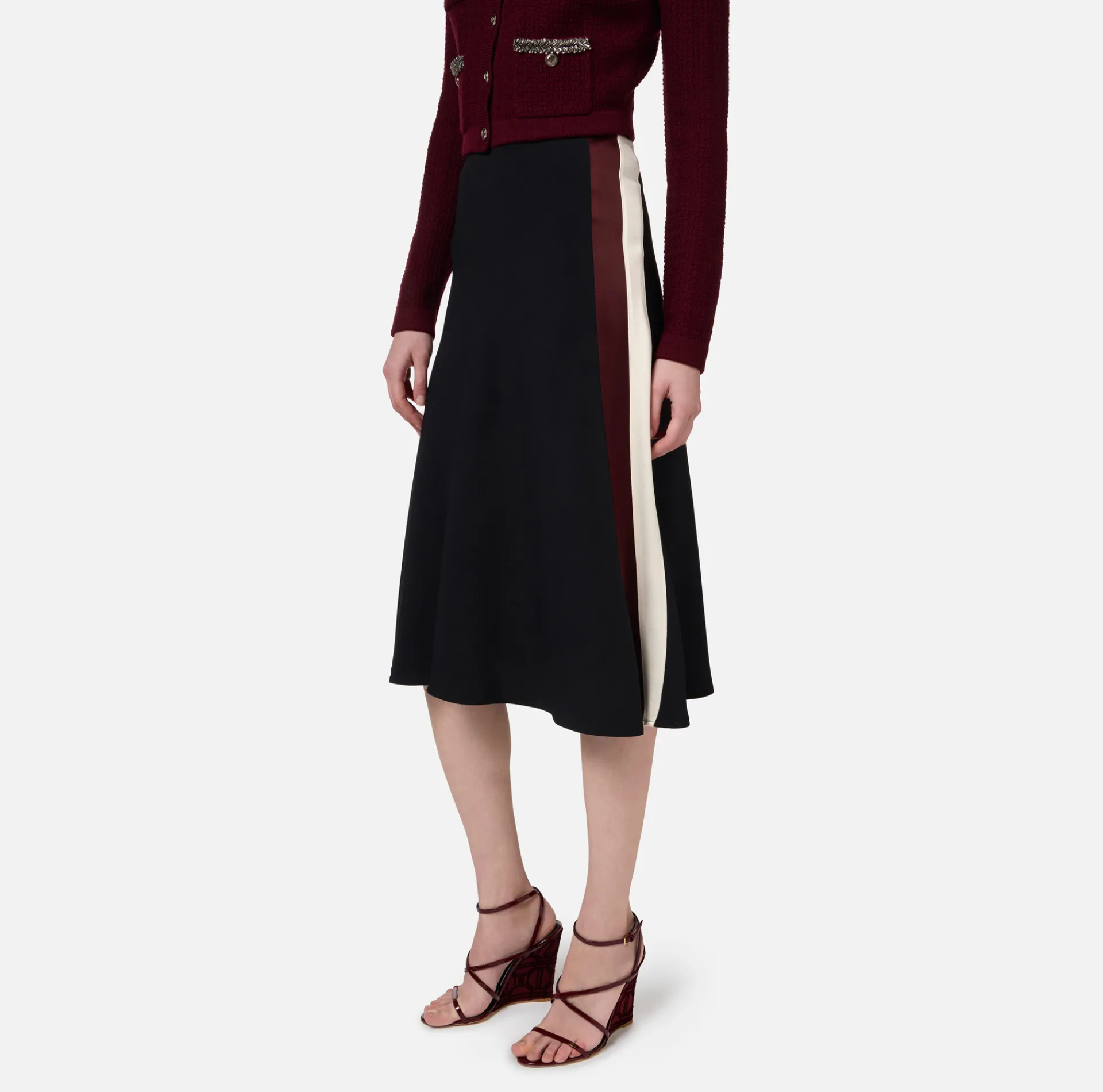 Elisabetta Franchi Skirts|Satin crêpe midi skirt with bands Black/RougeNoir/Butter