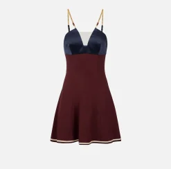 Elisabetta Franchi Mini Dresses|Dresses|Satin mini-dress with groumette chain Navy/RougeNoir/Butter