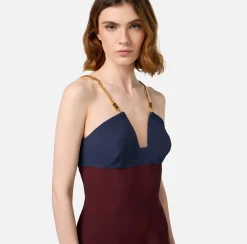 Elisabetta Franchi Mini Dresses|Dresses|Satin mini-dress with groumette chain Navy/RougeNoir/Butter