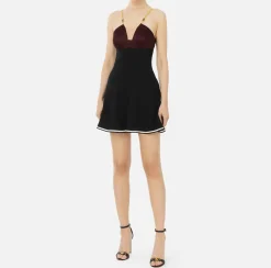Elisabetta Franchi Mini Dresses|Dresses|Satin mini-dress with groumette chain RougeNoir/Black/Butter