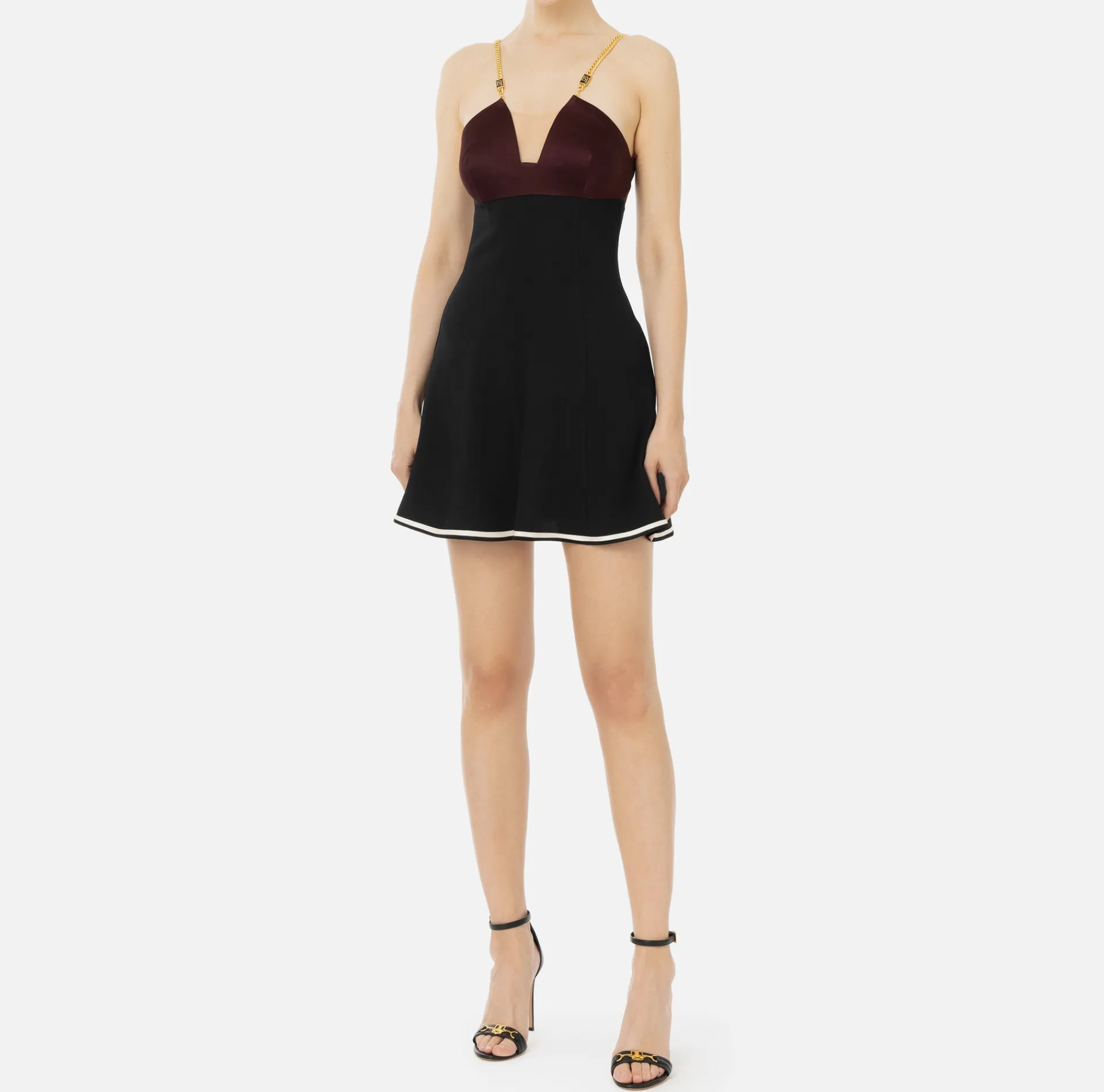 Elisabetta Franchi Mini Dresses|Dresses|Satin mini-dress with groumette chain RougeNoir/Black/Butter