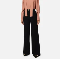 Elisabetta Franchi Trousers And Shorts|Satin palazzo trousers with belt Black