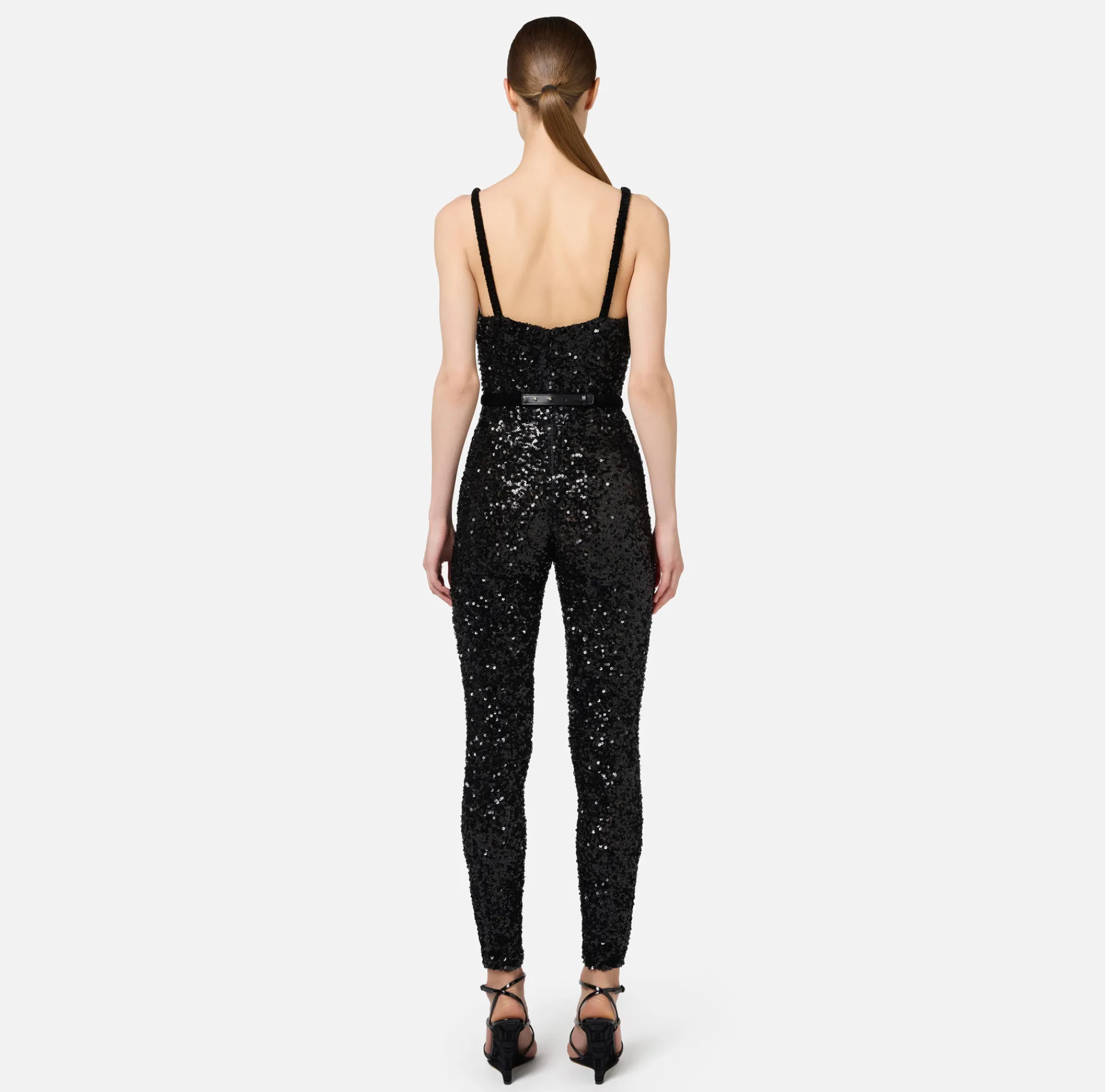 Elisabetta Franchi Jumpsuits|Sequin jumpsuit with belt Black
