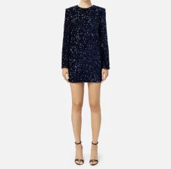 Elisabetta Franchi Red Carpet Dresses|Mini Dresses|Sequin-embroidered chenille boxy mini-dress Navy