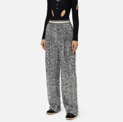 Elisabetta Franchi Trousers And Shorts|Tailleur|Sequin-embroidered chenille trousers Steel