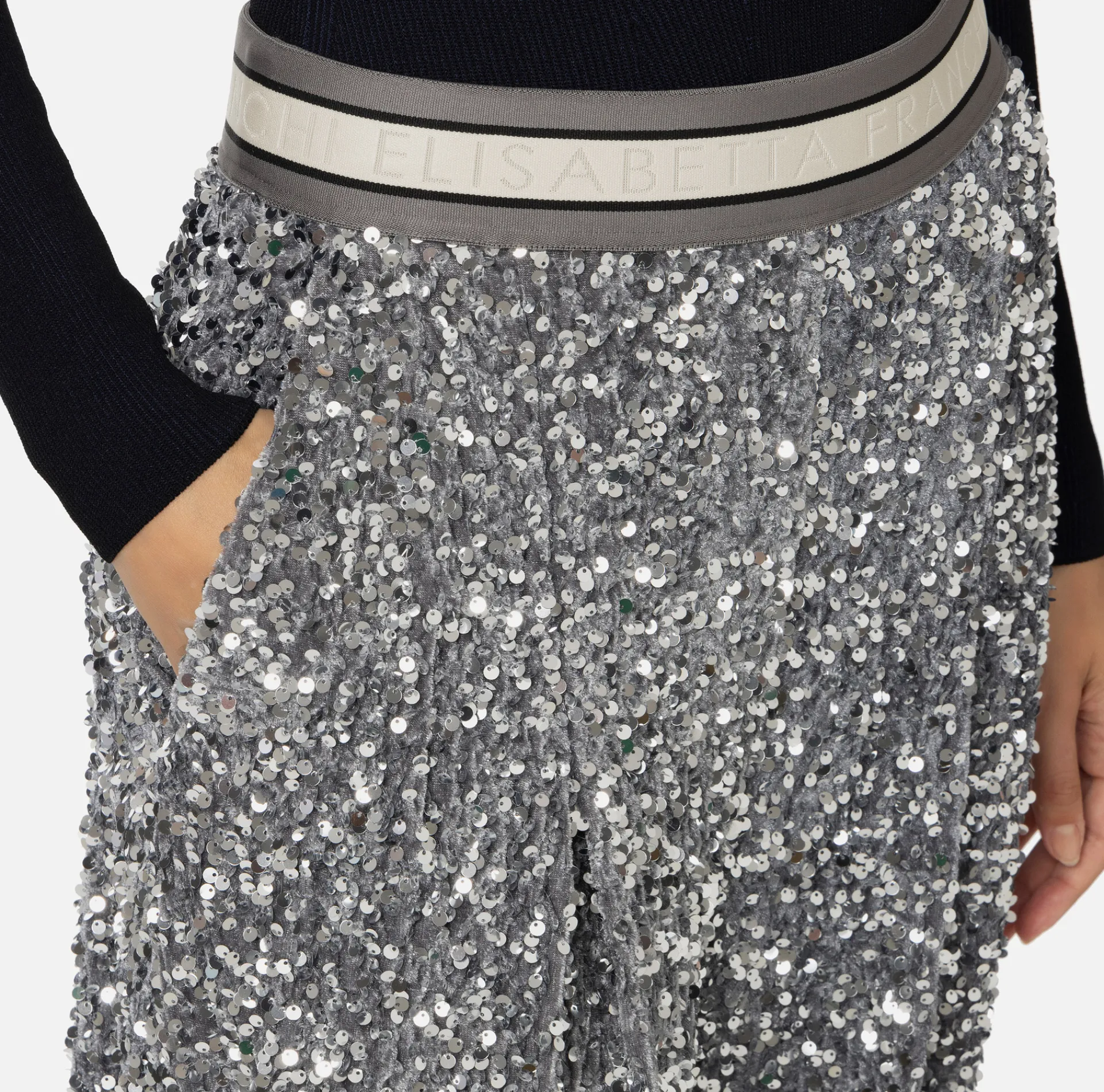 Elisabetta Franchi Trousers And Shorts|Tailleur|Sequin-embroidered chenille trousers Steel
