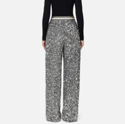Elisabetta Franchi Trousers And Shorts|Tailleur|Sequin-embroidered chenille trousers Steel