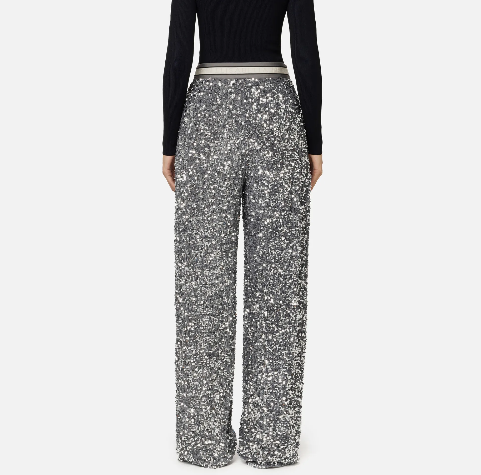 Elisabetta Franchi Trousers And Shorts|Tailleur|Sequin-embroidered chenille trousers Steel