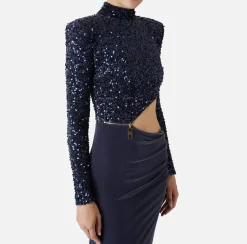 Elisabetta Franchi Red Carpet Dresses|Red Carpet|Sequin-embroidered chenille red carpet dress with cut-out Navy