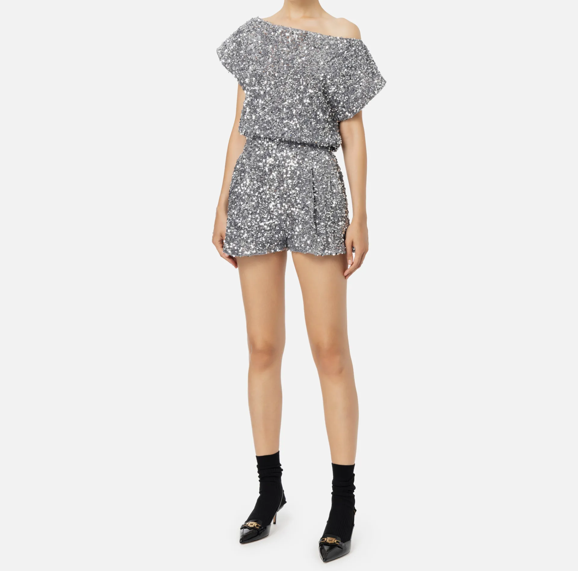Elisabetta Franchi Jumpsuits|Sequin-embroidered chenille romper Steel